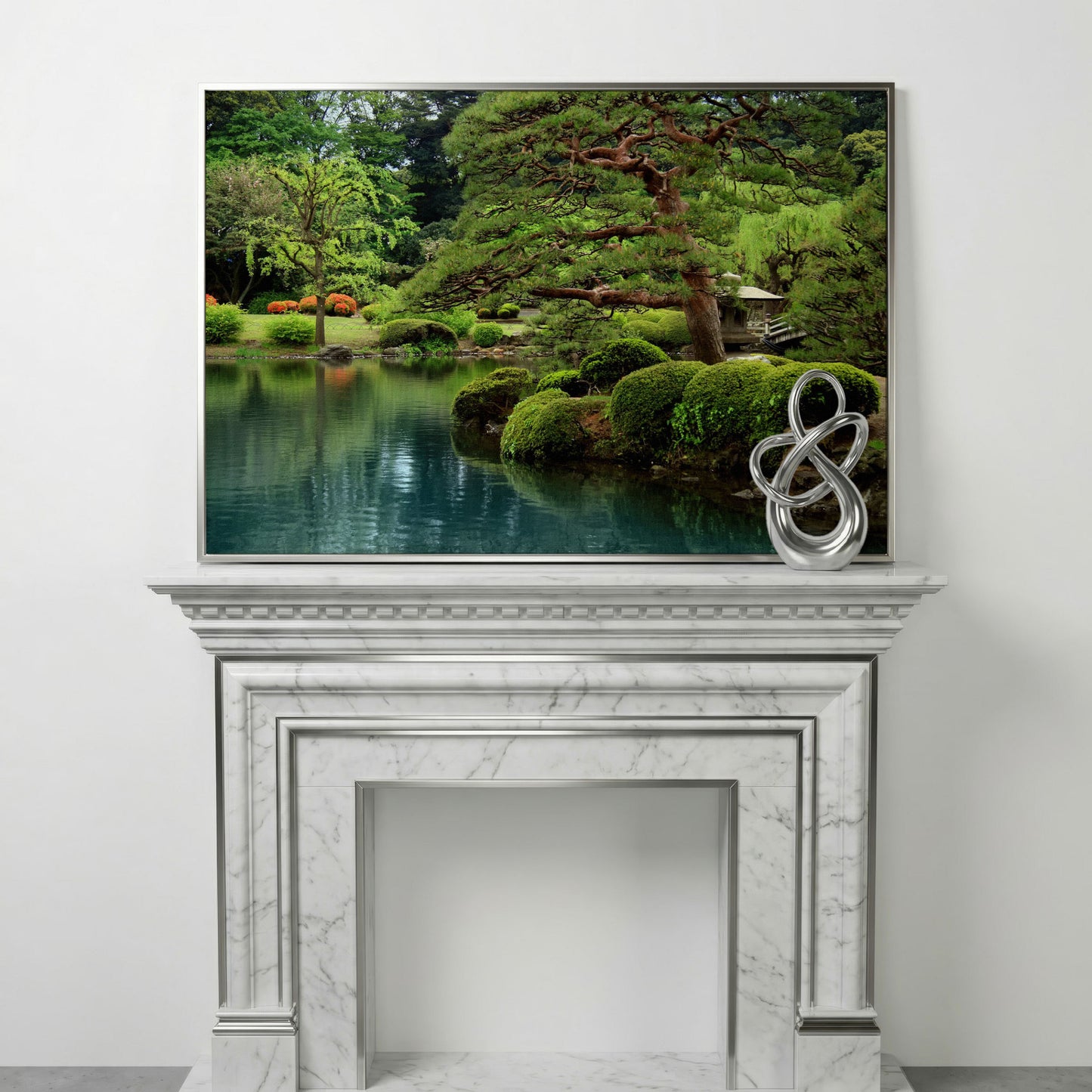 Japanese Zen Garden with Bonsai and Stone Lantern Canvas Art in silver floating frame