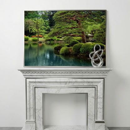 Japanese Zen Garden with Bonsai and Stone Lantern Canvas Art in silver floating frame