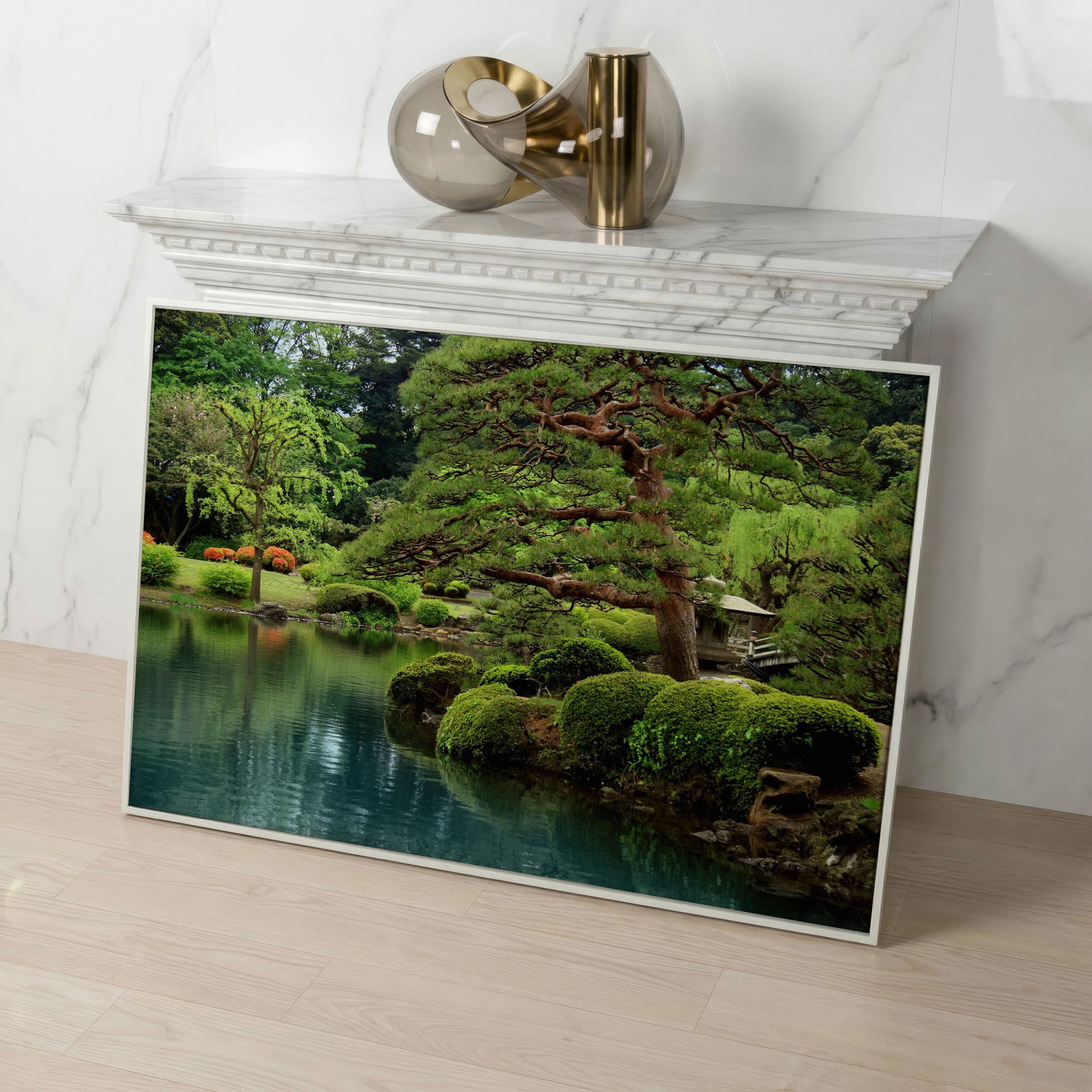 Japanese Zen Garden with Bonsai and Stone Lantern Canvas Art in white floating frame
