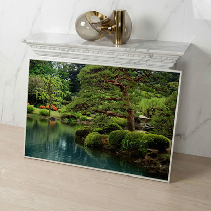 Japanese Zen Garden with Bonsai and Stone Lantern Canvas Art in white floating frame