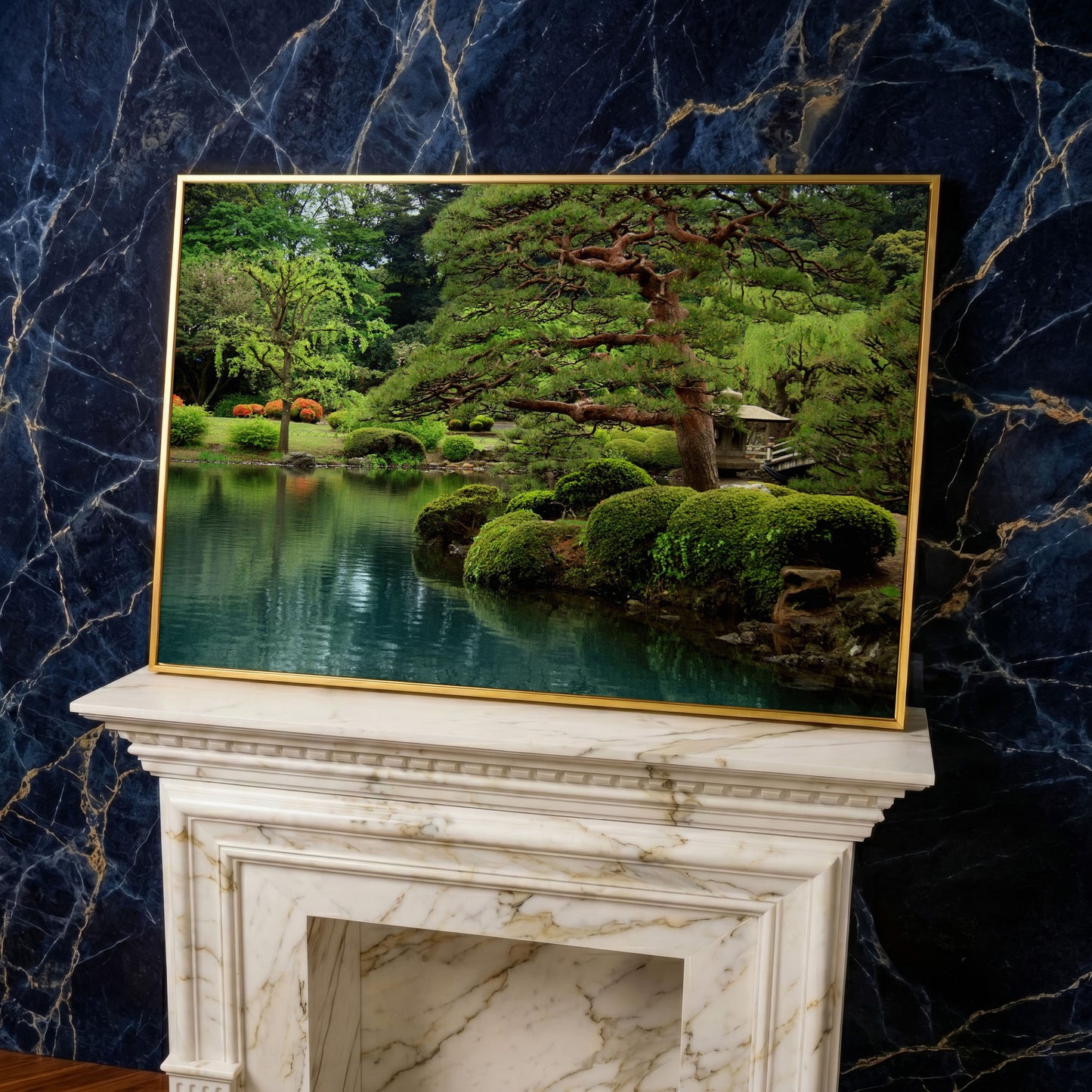 Japanese Zen Garden with Bonsai and Stone Lantern Canvas Art in yellow gold floating frame