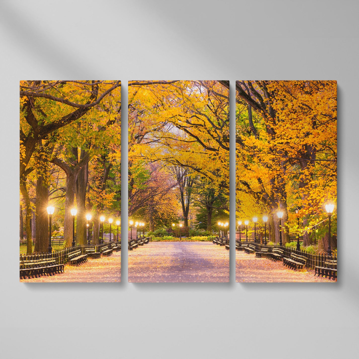 Central Park Autumn Pathway Canvas Wall Art, New York as 3-panel split version