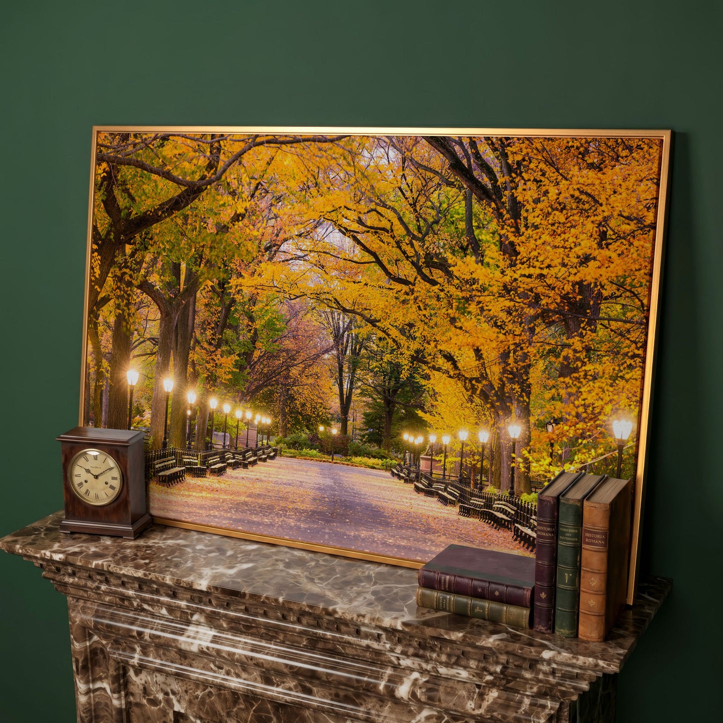 Central Park Autumn Pathway Canvas Wall Art, New York in antique gold floating frame