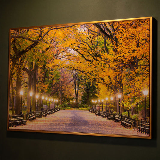 Central Park Autumn Pathway Canvas Wall Art, New York shown in antique gold floating frame