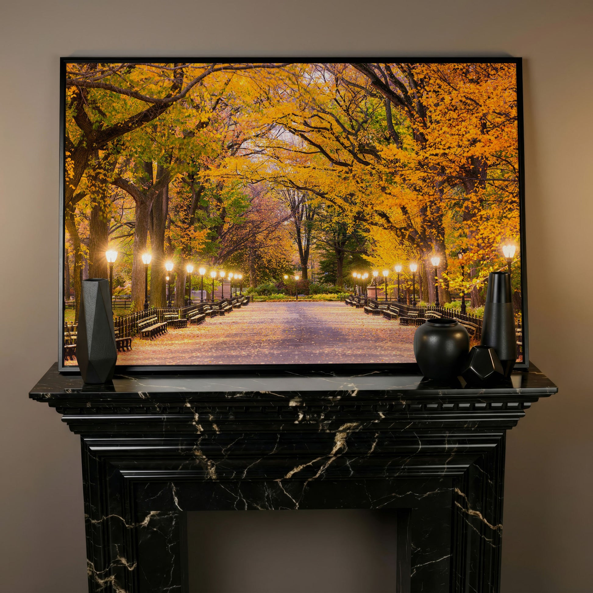 Central Park Autumn Pathway Canvas Wall Art, New York in black floating frame