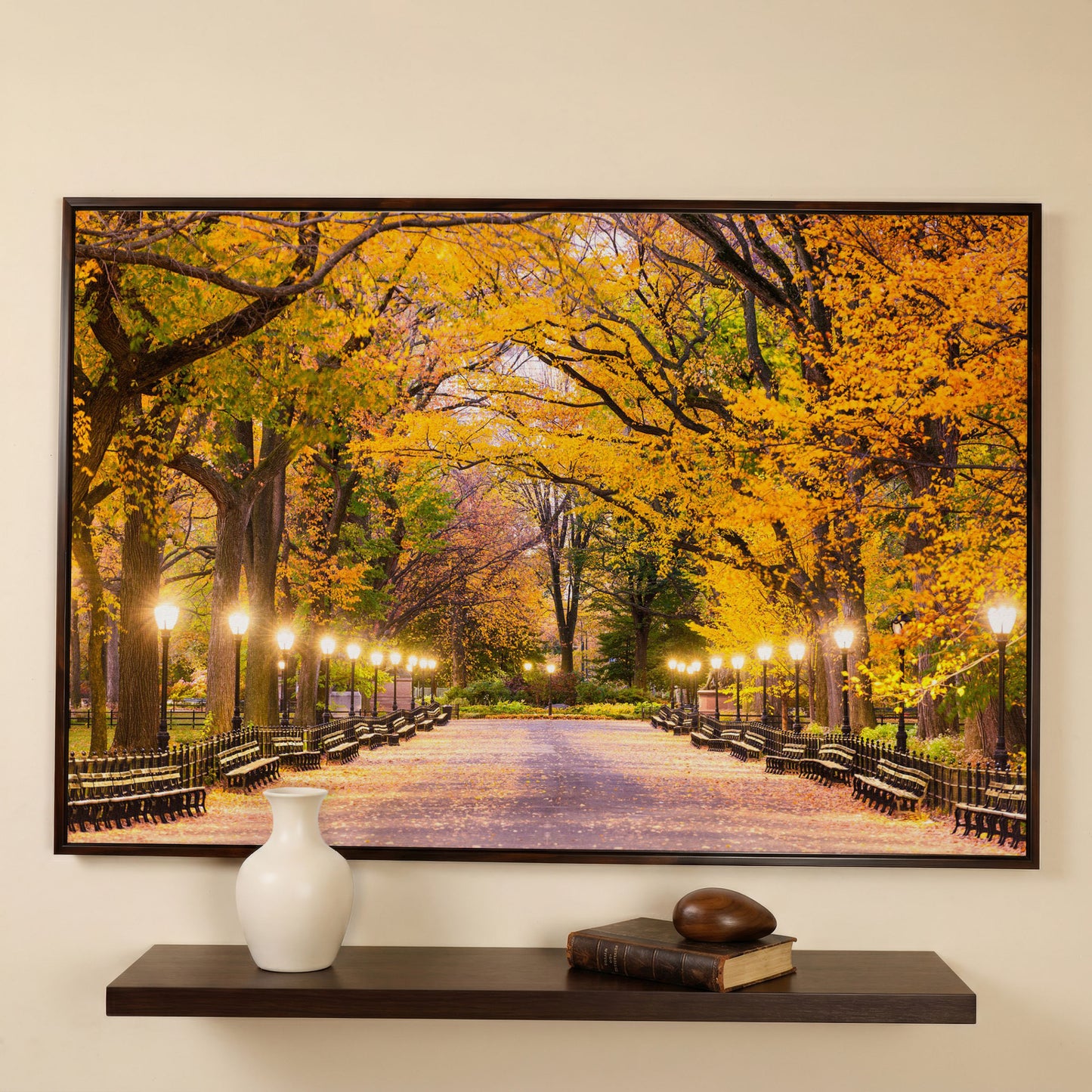 Central Park Autumn Pathway Canvas Wall Art, New York in dark walnut floating frame