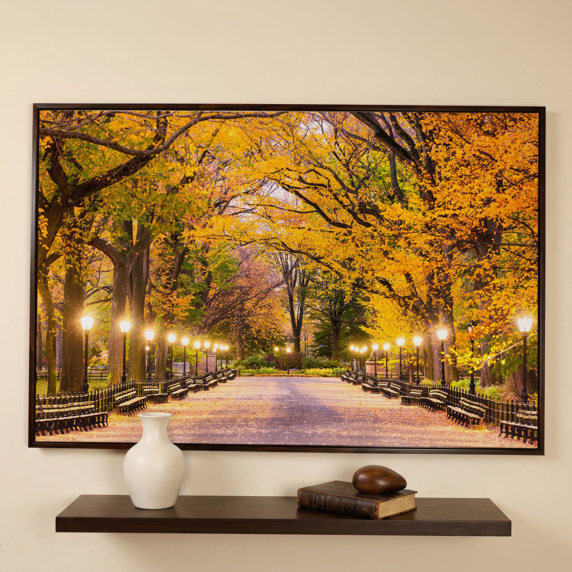 Central Park Autumn Pathway Canvas Wall Art, New York in dark walnut floating frame