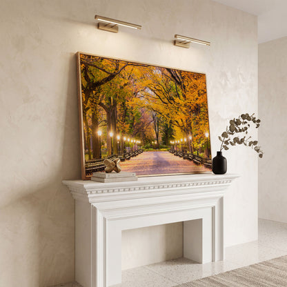 Central Park Autumn Pathway Canvas Wall Art, New York in white oak floating frame
