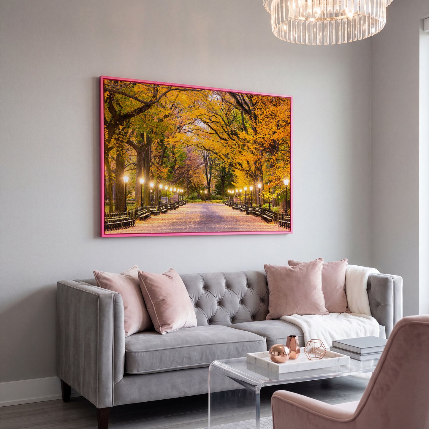 Central Park Autumn Pathway Canvas Wall Art, New York in pink floating frame
