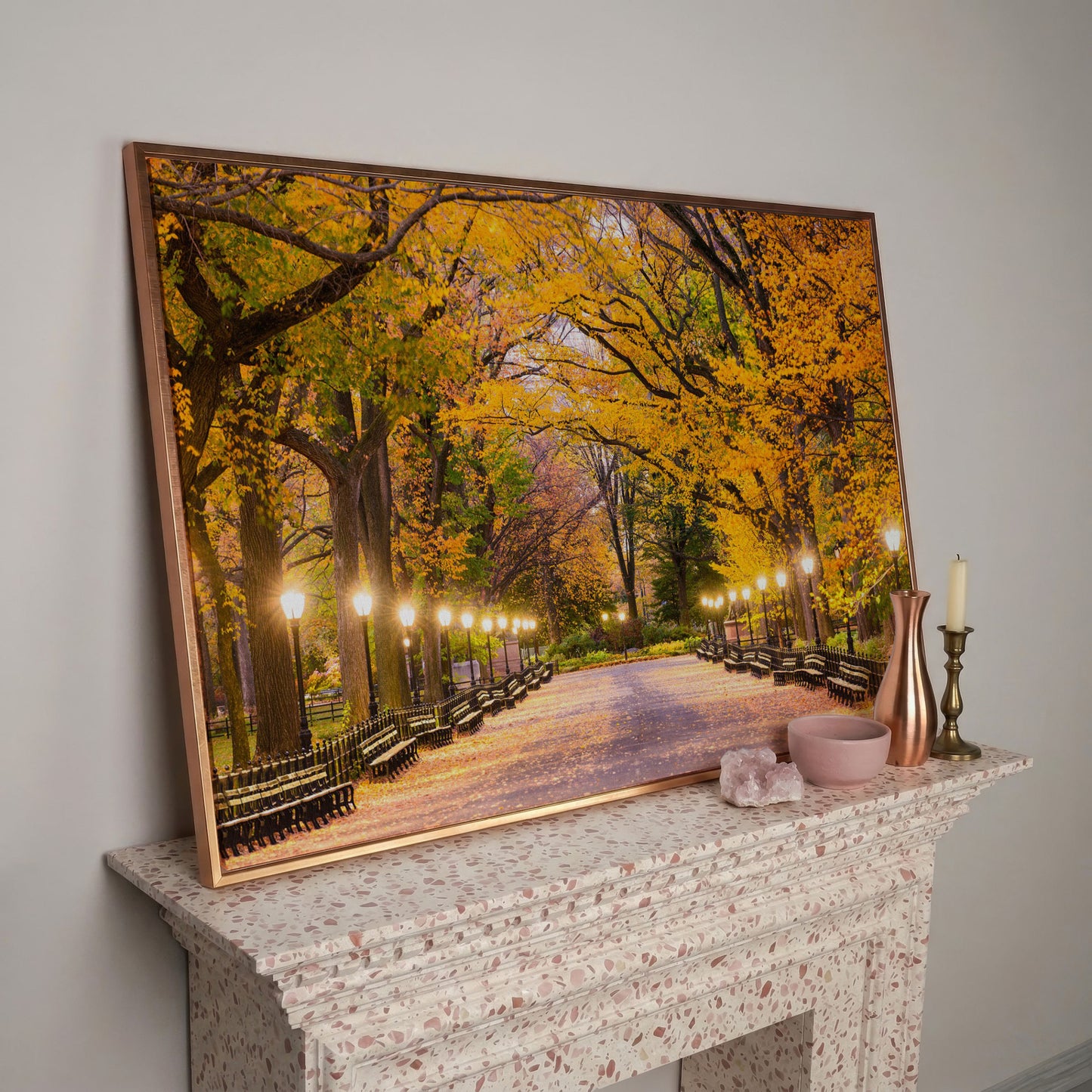 Central Park Autumn Pathway Canvas Wall Art, New York in rose gold floating frame
