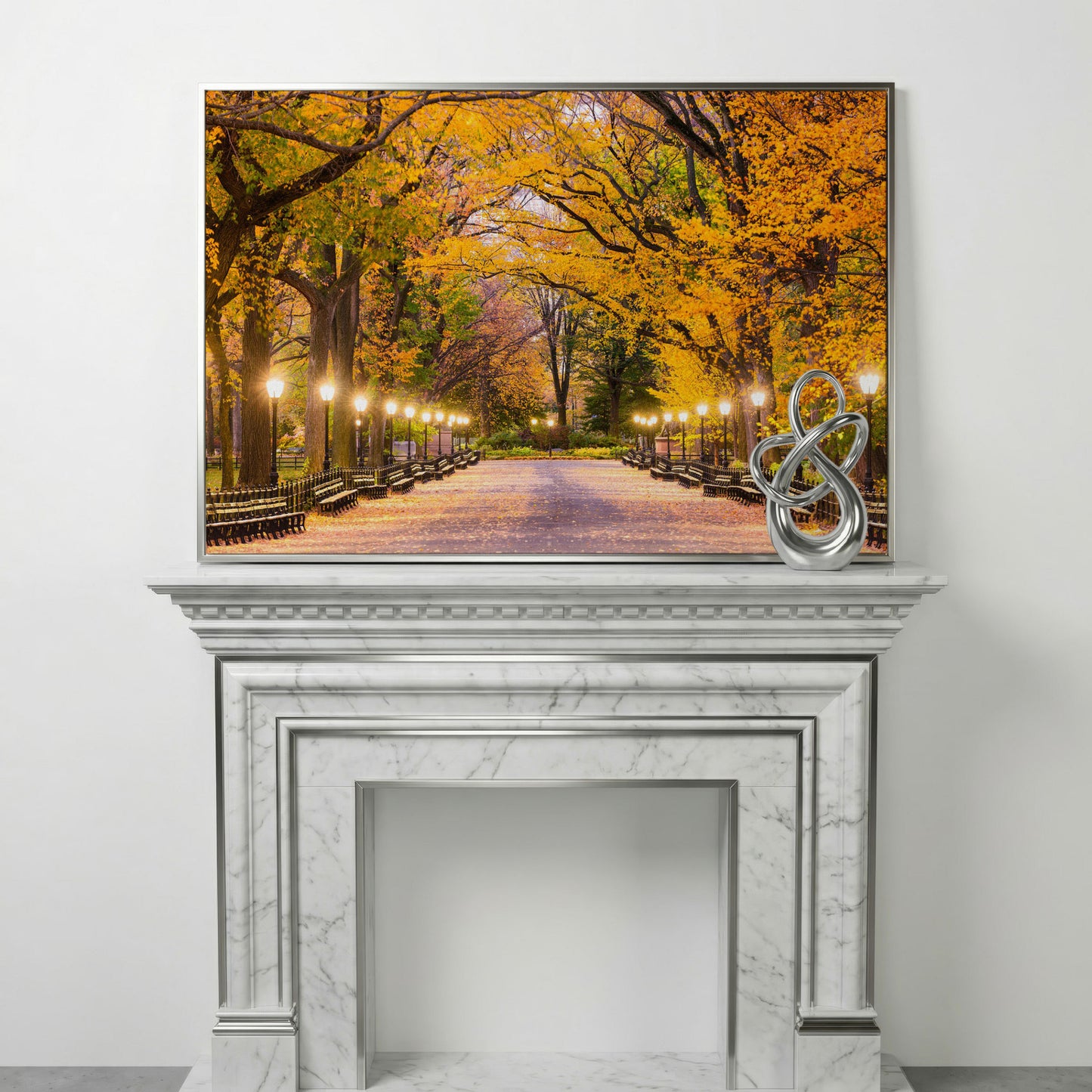 Central Park Autumn Pathway Canvas Wall Art, New York in silver floating frame