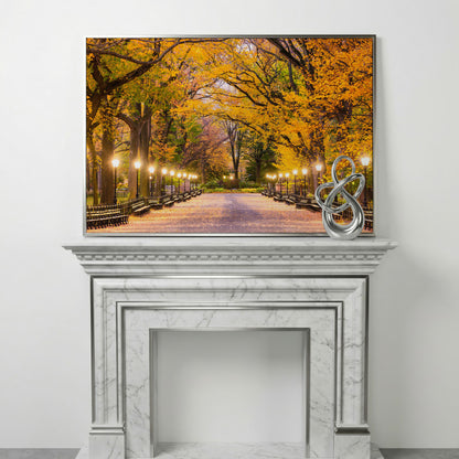 Central Park Autumn Pathway Canvas Wall Art, New York in silver floating frame