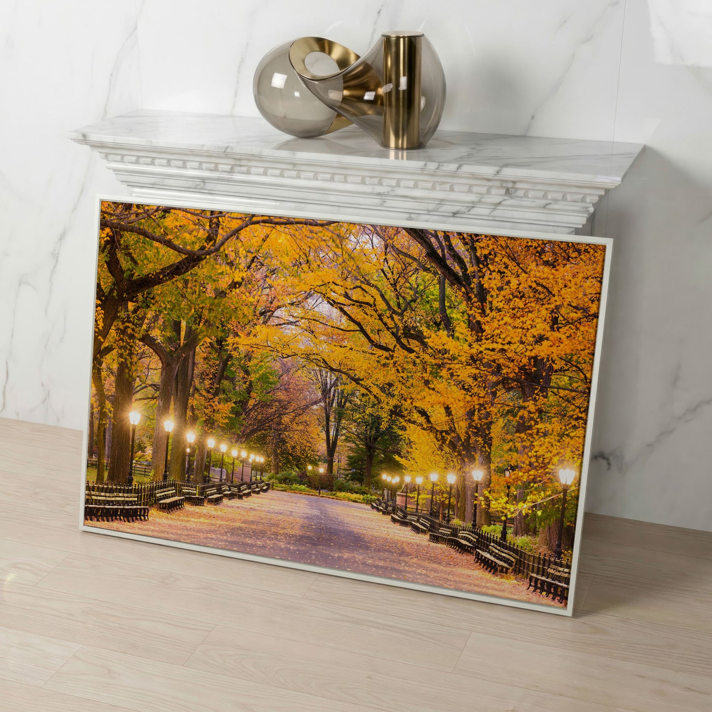 Central Park Autumn Pathway Canvas Wall Art, New York in white floating frame