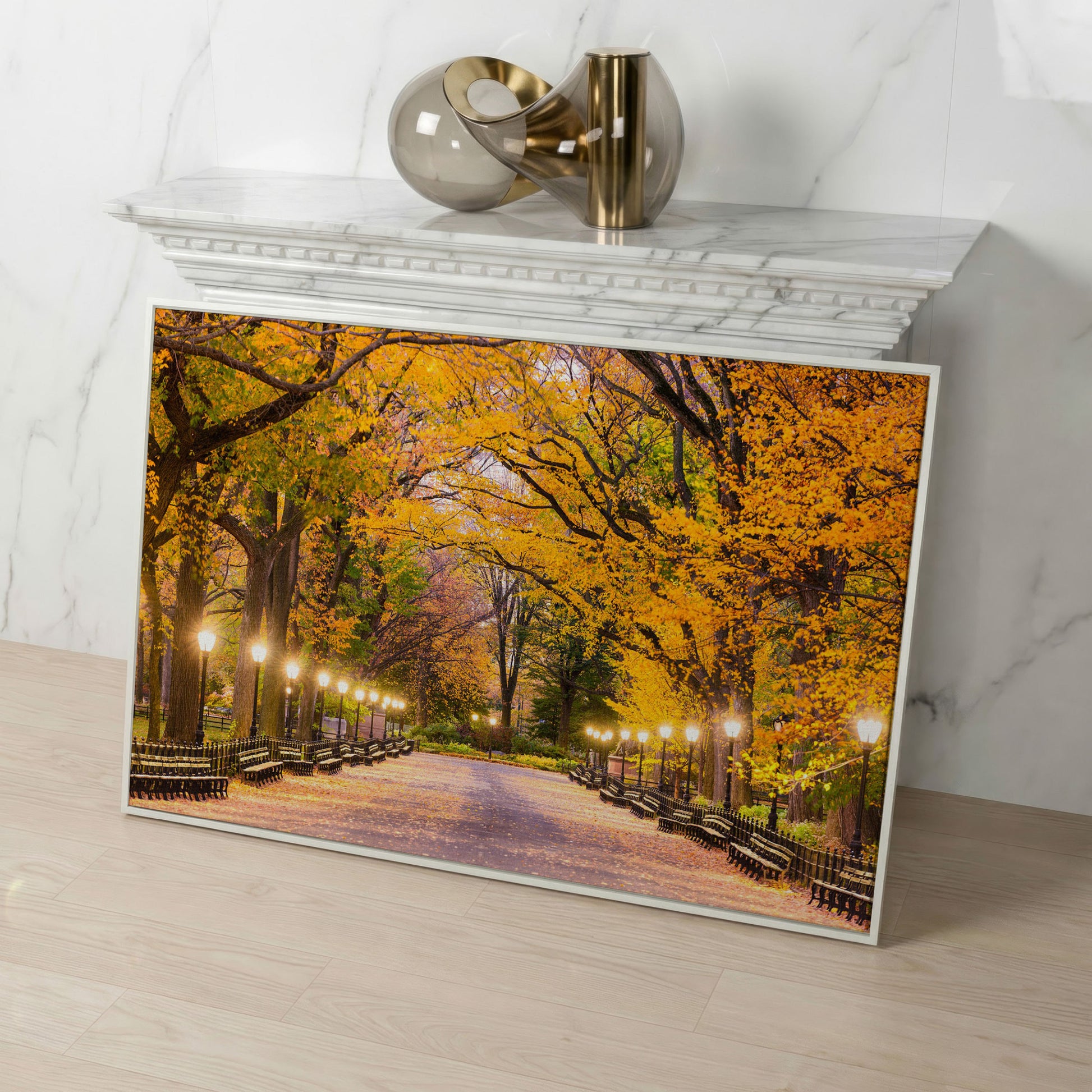 Central Park Autumn Pathway Canvas Wall Art, New York in white floating frame