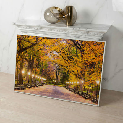 Central Park Autumn Pathway Canvas Wall Art, New York in white floating frame