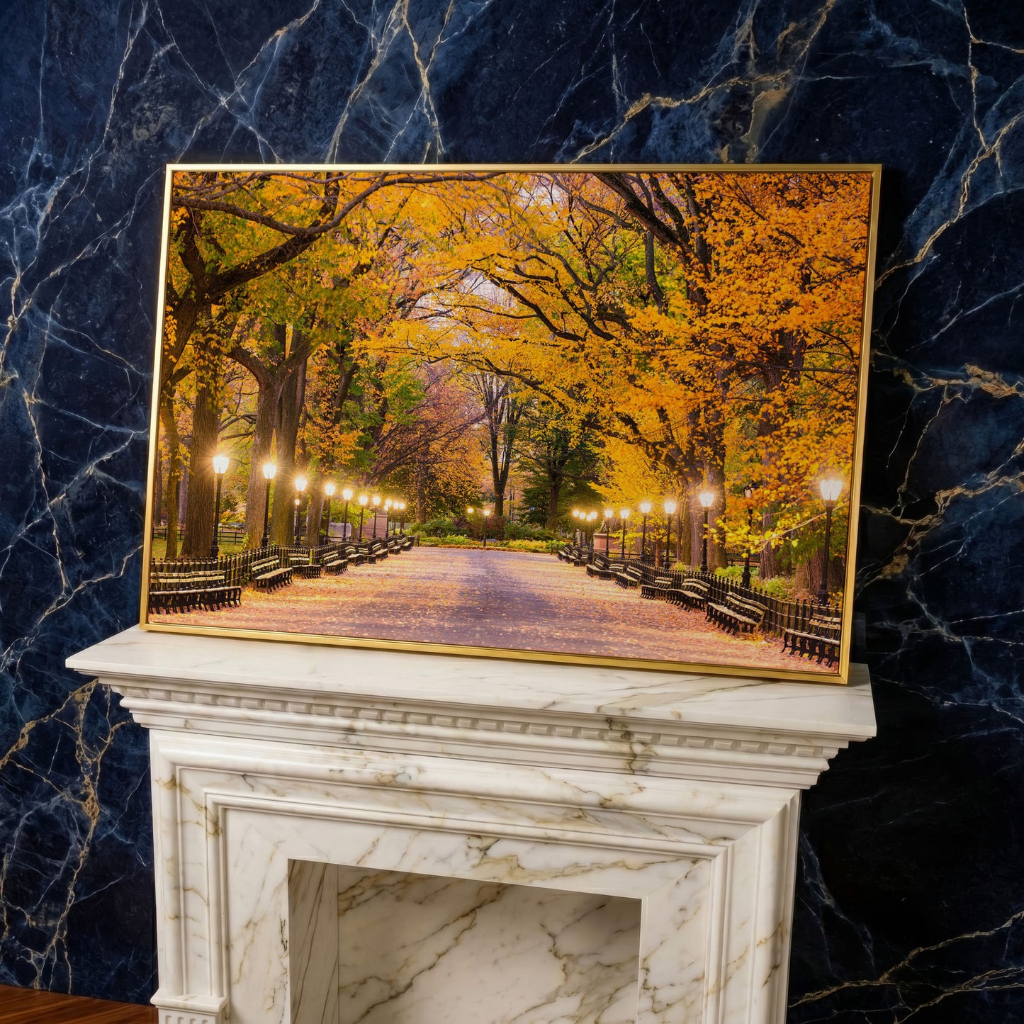 Central Park Autumn Pathway Canvas Wall Art, New York in yellow gold floating frame