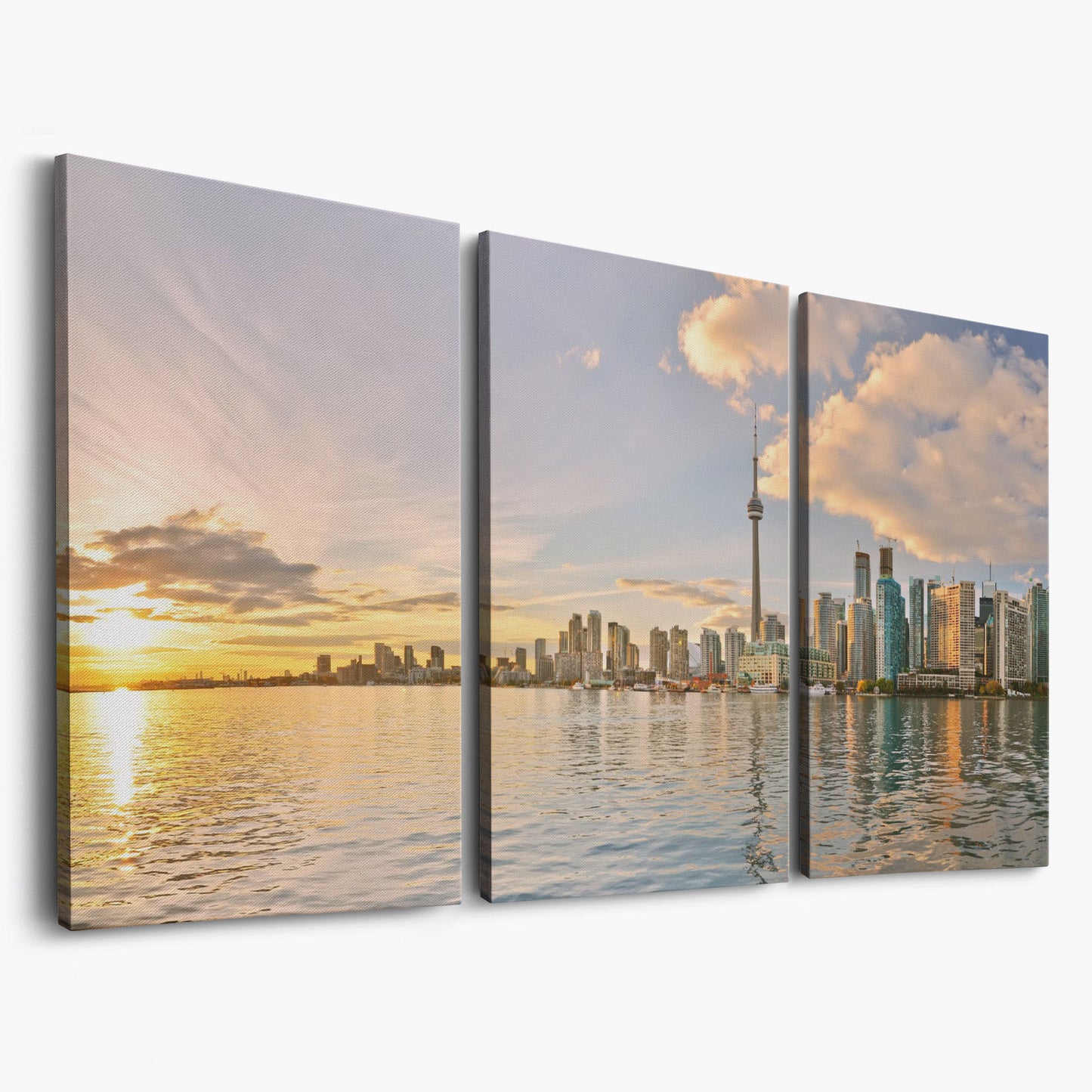 Toronto Skyline at Sunset Canvas, CN Tower Panoramic Wall Art as 3-panel split version