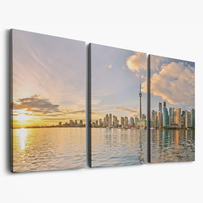 Toronto Skyline at Sunset Canvas, CN Tower Panoramic Wall Art as 3-panel split version