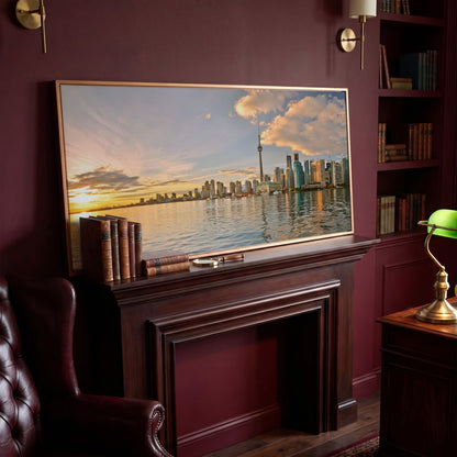 Toronto Skyline at Sunset Canvas, CN Tower Panoramic Wall Art in antique gold floating frame