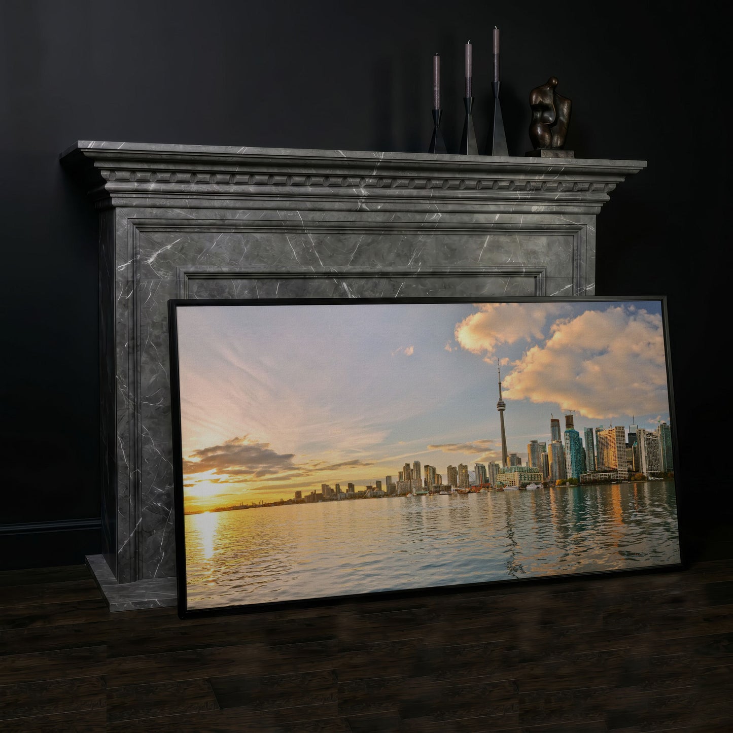 Toronto Skyline at Sunset Canvas, CN Tower Panoramic Wall Art in black floating frame