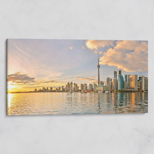 Toronto Skyline at Sunset Canvas, CN Tower Panoramic Wall Art on gallery wrap