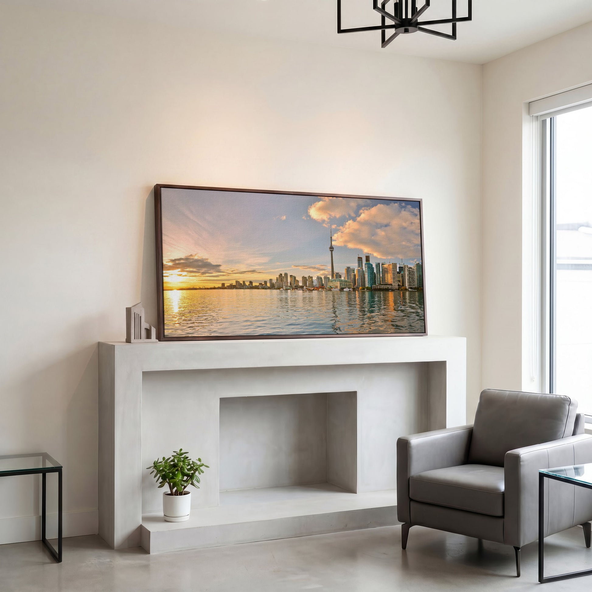 Toronto Skyline at Sunset Canvas, CN Tower Panoramic Wall Art in dark walnut floating frame