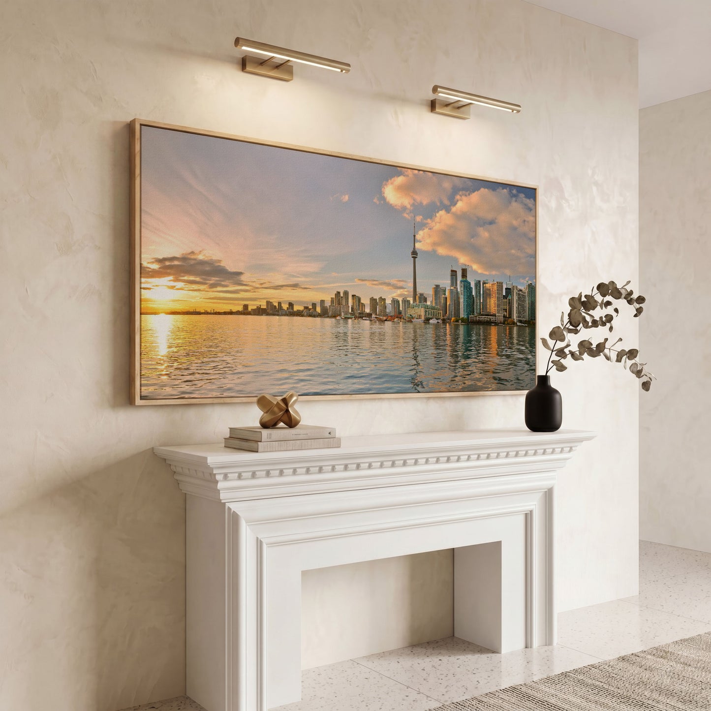 Toronto Skyline at Sunset Canvas, CN Tower Panoramic Wall Art in white oak floating frame