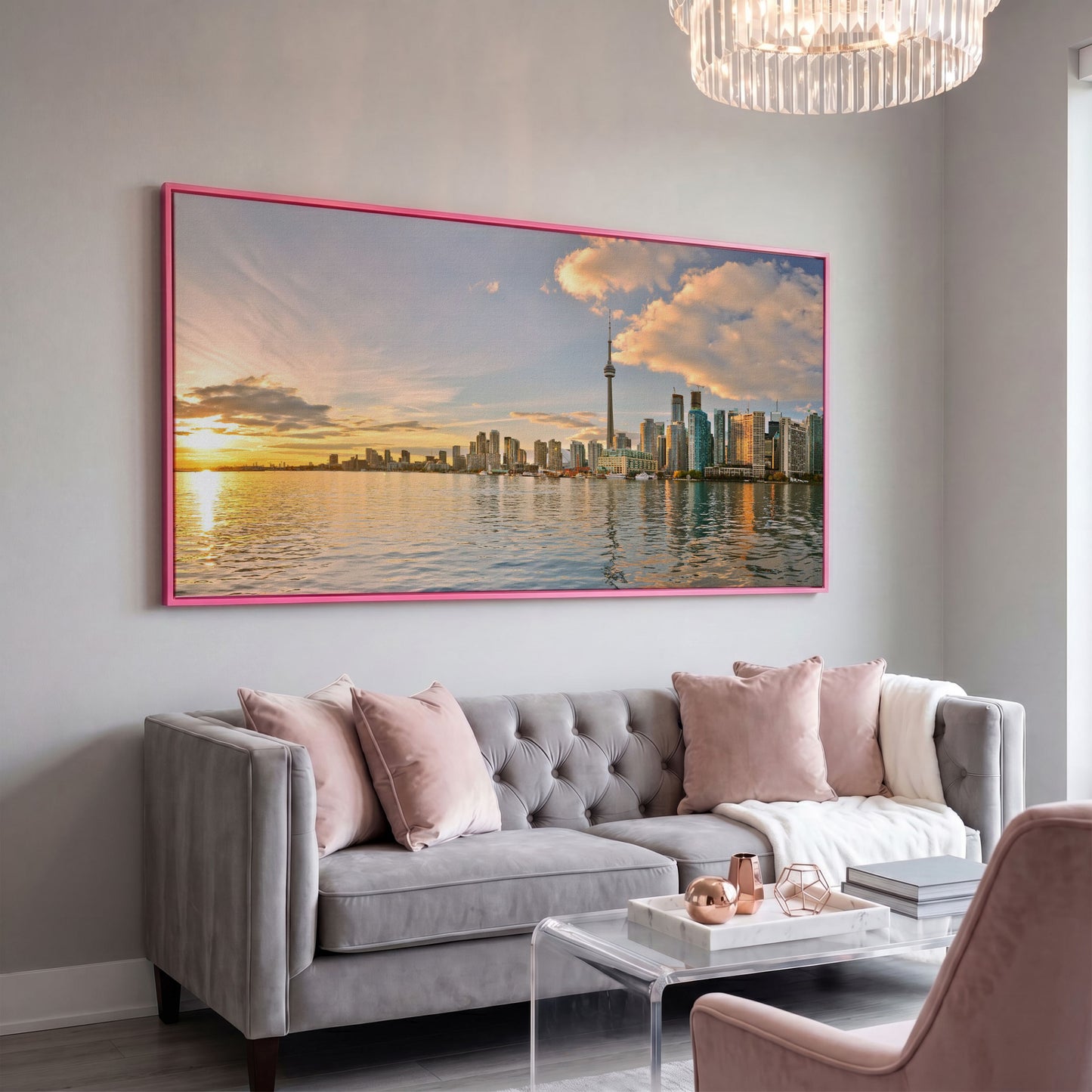 Toronto Skyline at Sunset Canvas, CN Tower Panoramic Wall Art in pink floating frame