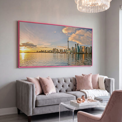 Toronto Skyline at Sunset Canvas, CN Tower Panoramic Wall Art in pink floating frame