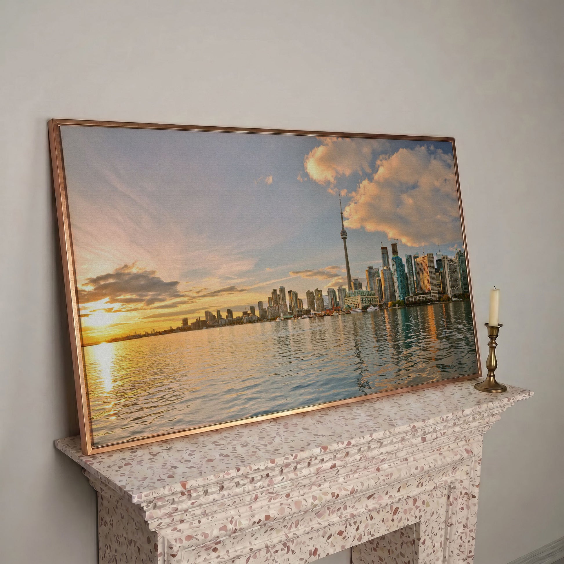 Toronto Skyline at Sunset Canvas, CN Tower Panoramic Wall Art in rose gold floating frame