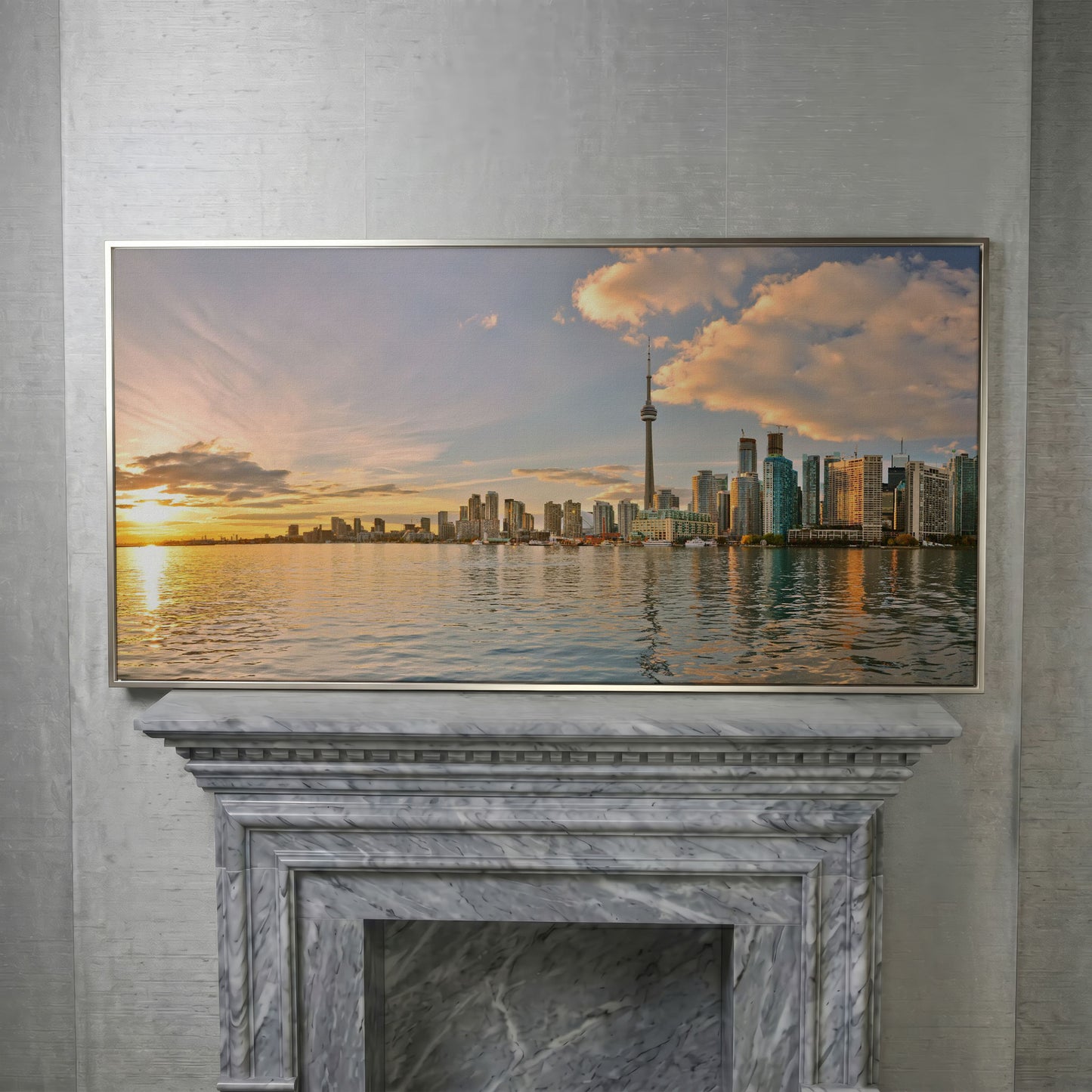 Toronto Skyline at Sunset Canvas, CN Tower Panoramic Wall Art in silver floating frame