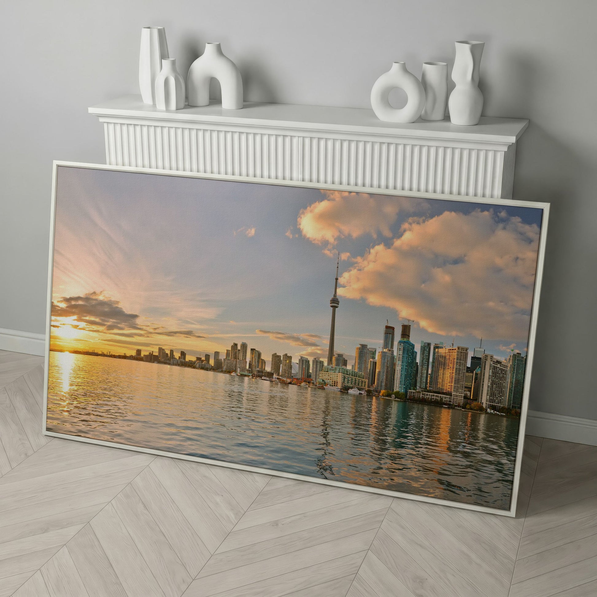 Toronto Skyline at Sunset Canvas, CN Tower Panoramic Wall Art in white floating frame