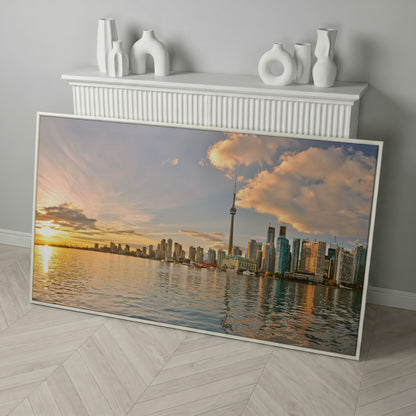 Toronto Skyline at Sunset Canvas, CN Tower Panoramic Wall Art in white floating frame