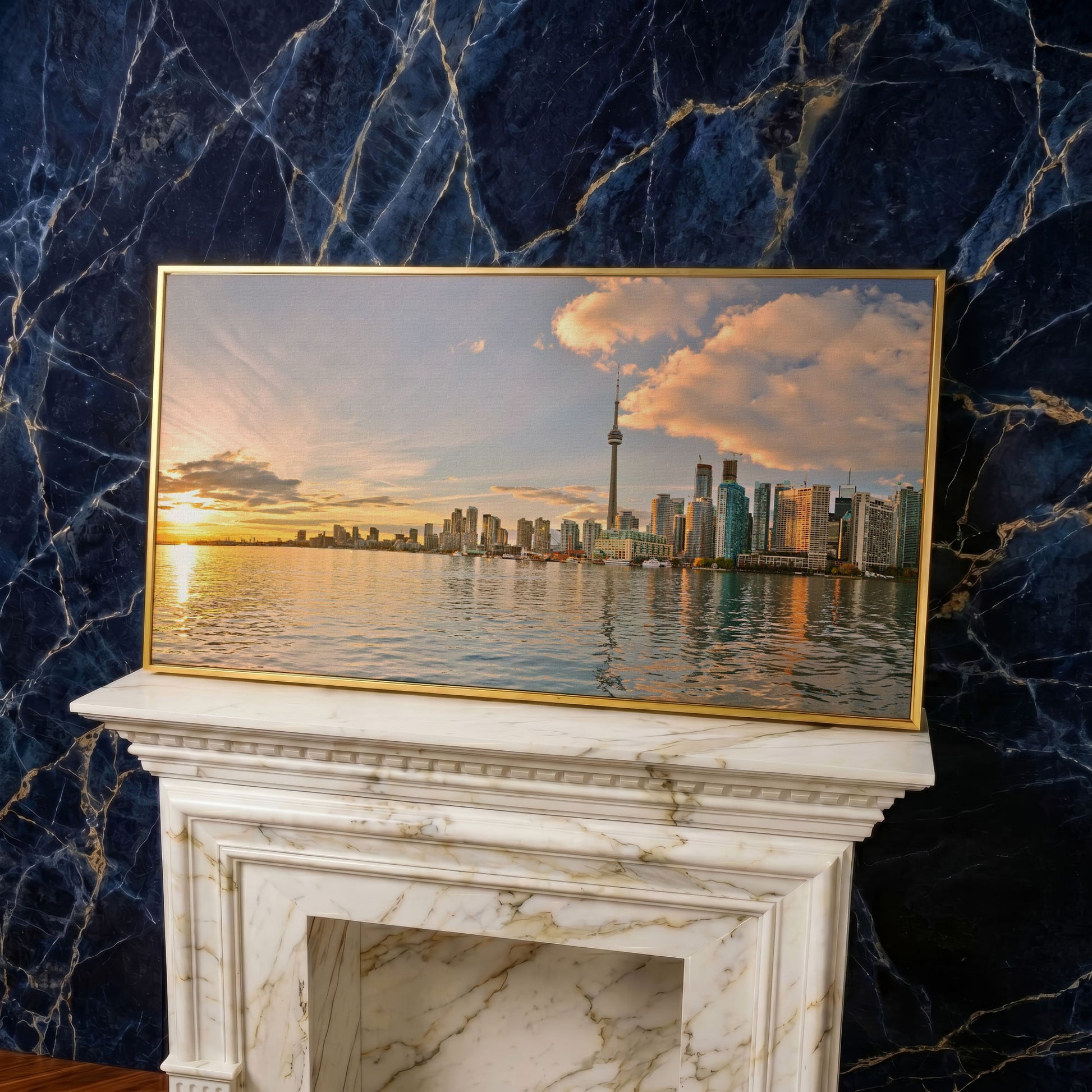 Toronto Skyline at Sunset Canvas, CN Tower Panoramic Wall Art in yellow gold floating frame