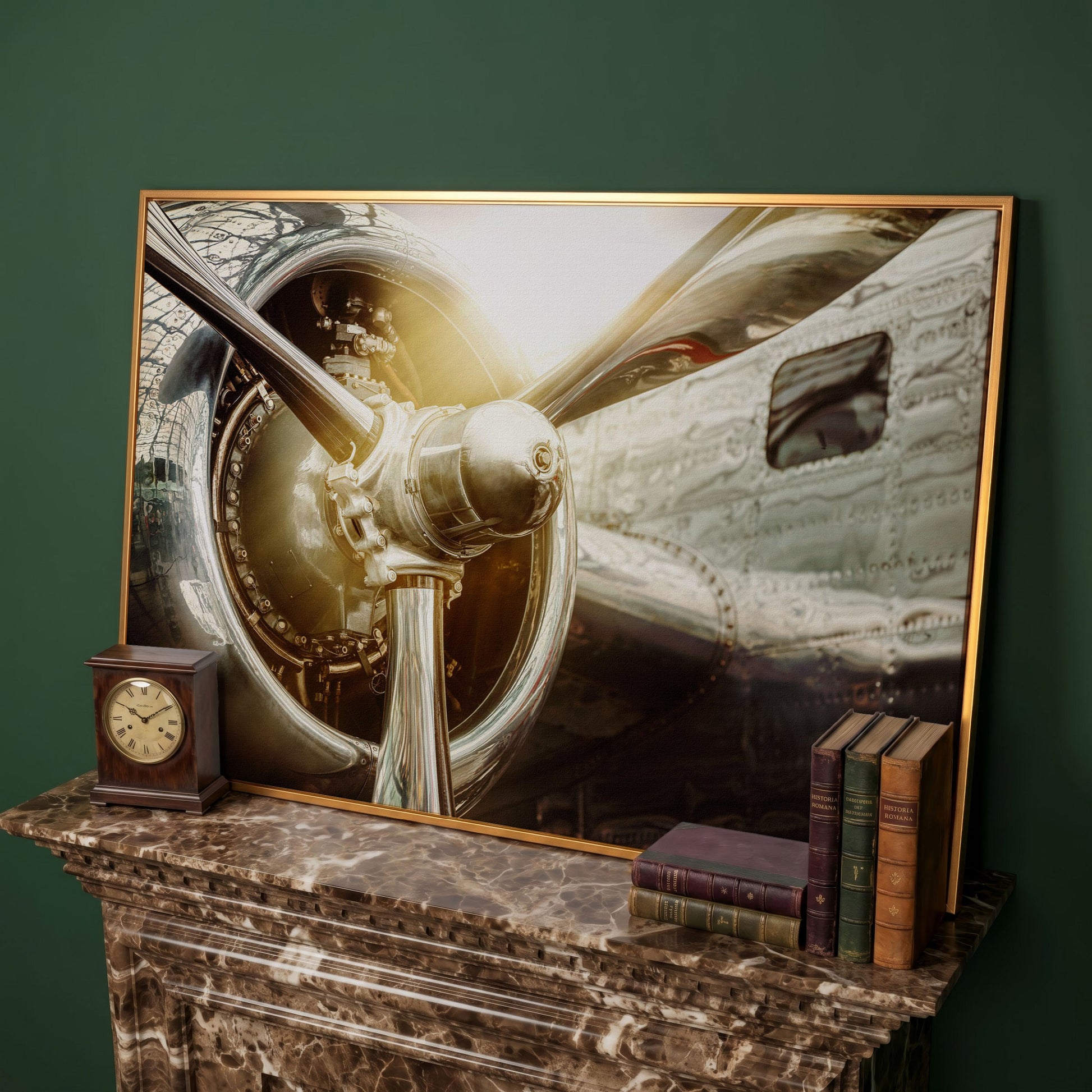 Vintage Airplane Propeller and Engine Detail Canvas Wall Art in antique gold floating frame