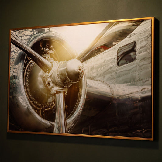 Vintage Airplane Propeller and Engine Detail Canvas Wall Art shown in antique gold floating frame