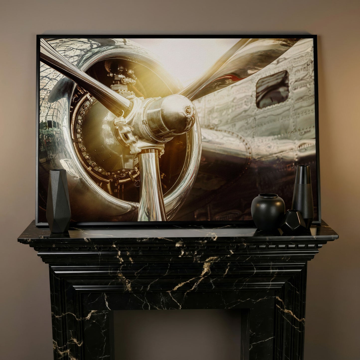 Vintage Airplane Propeller and Engine Detail Canvas Wall Art in black floating frame