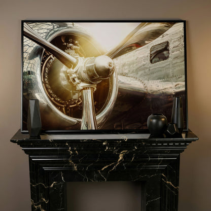 Vintage Airplane Propeller and Engine Detail Canvas Wall Art in black floating frame