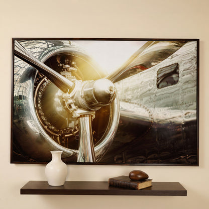 Vintage Airplane Propeller and Engine Detail Canvas Wall Art in dark walnut floating frame
