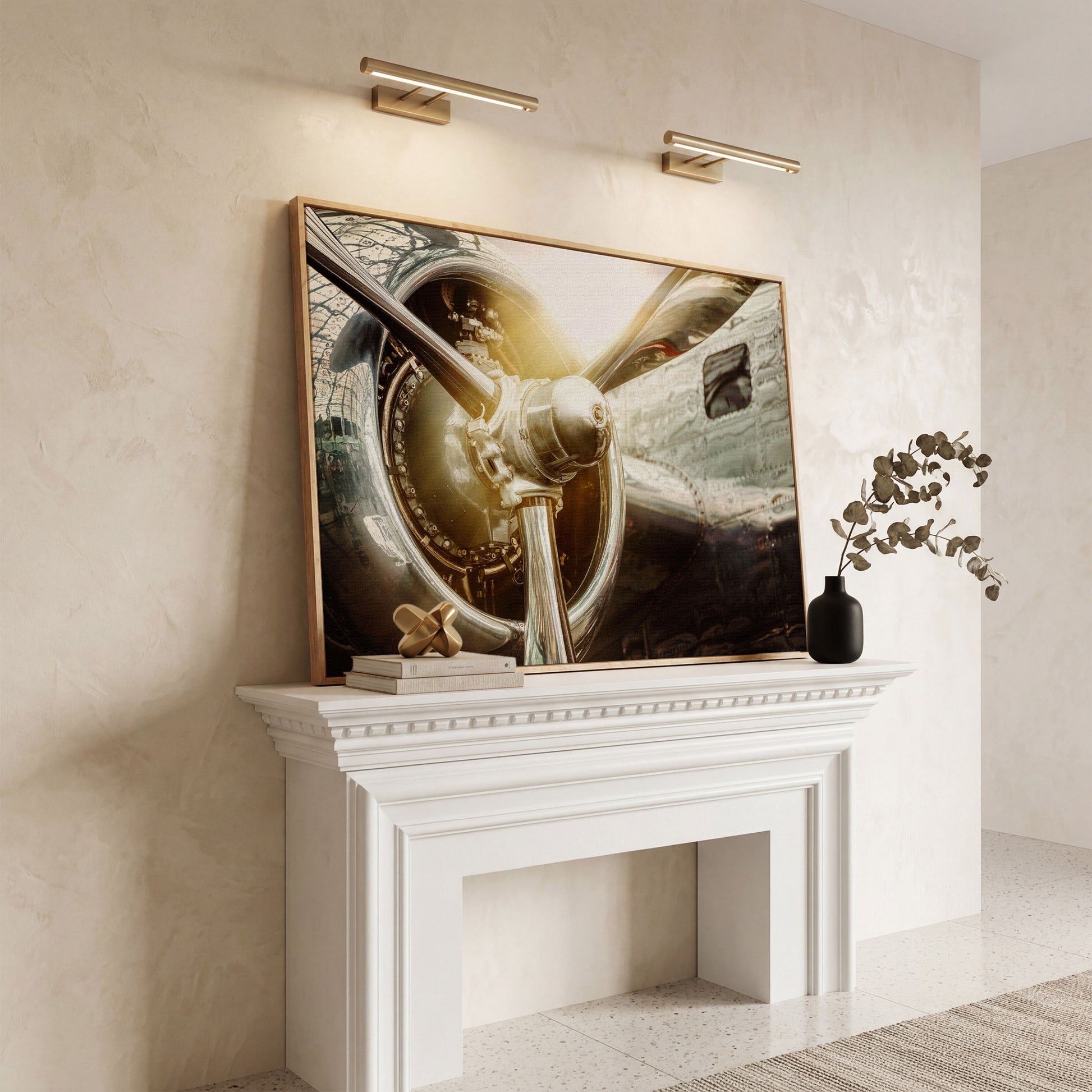 Vintage Airplane Propeller and Engine Detail Canvas Wall Art in white oak floating frame
