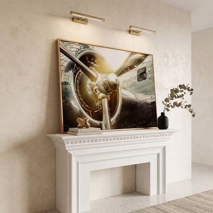Vintage Airplane Propeller and Engine Detail Canvas Wall Art in white oak floating frame