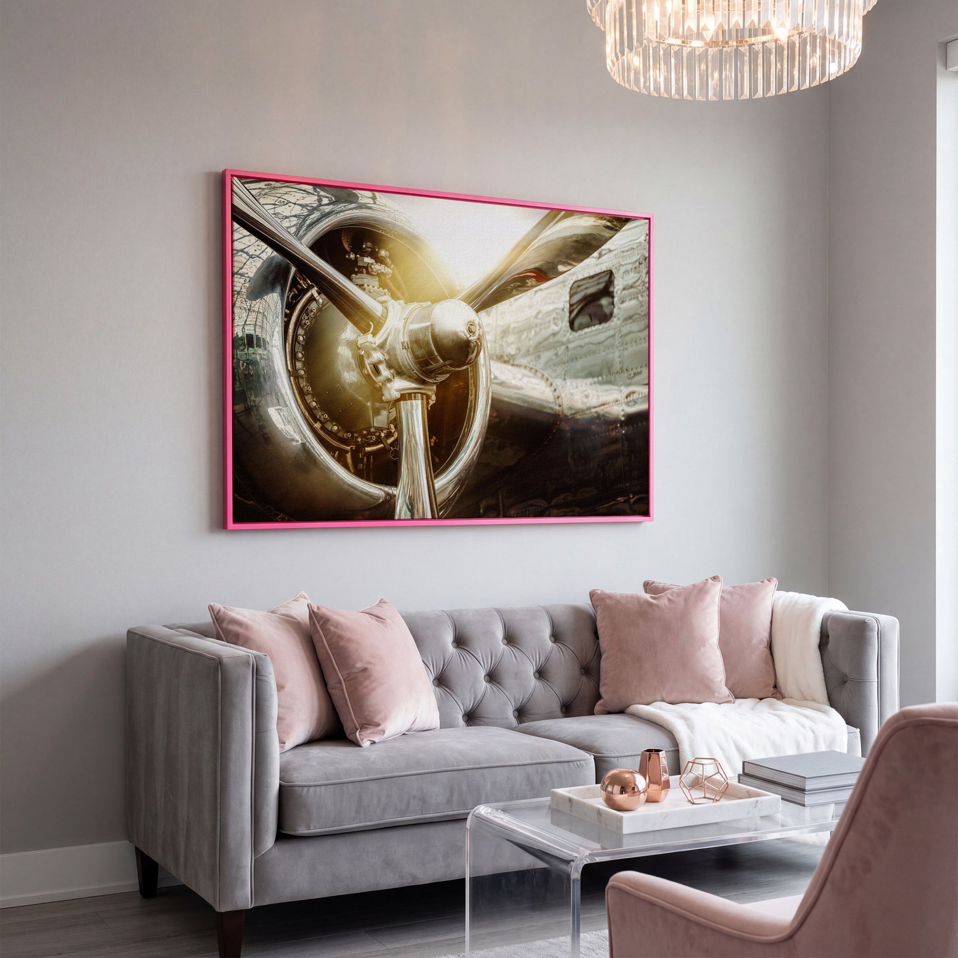 Vintage Airplane Propeller and Engine Detail Canvas Wall Art in pink floating frame