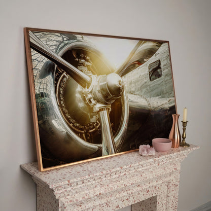 Vintage Airplane Propeller and Engine Detail Canvas Wall Art in rose gold floating frame