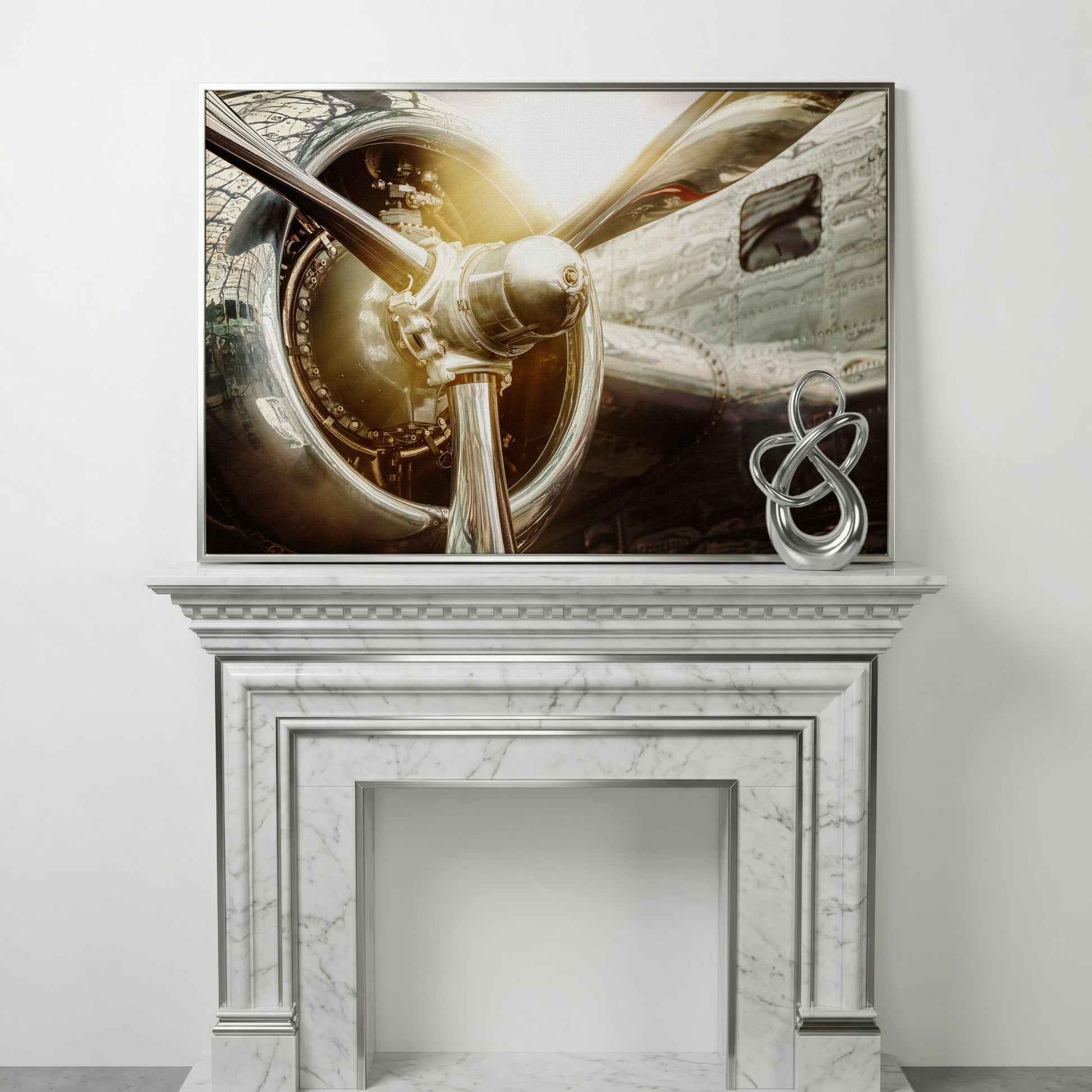 Vintage Airplane Propeller and Engine Detail Canvas Wall Art in silver floating frame