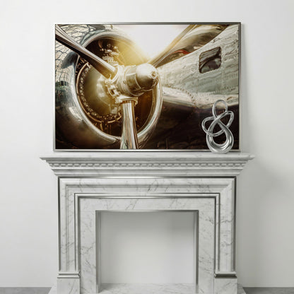 Vintage Airplane Propeller and Engine Detail Canvas Wall Art in silver floating frame