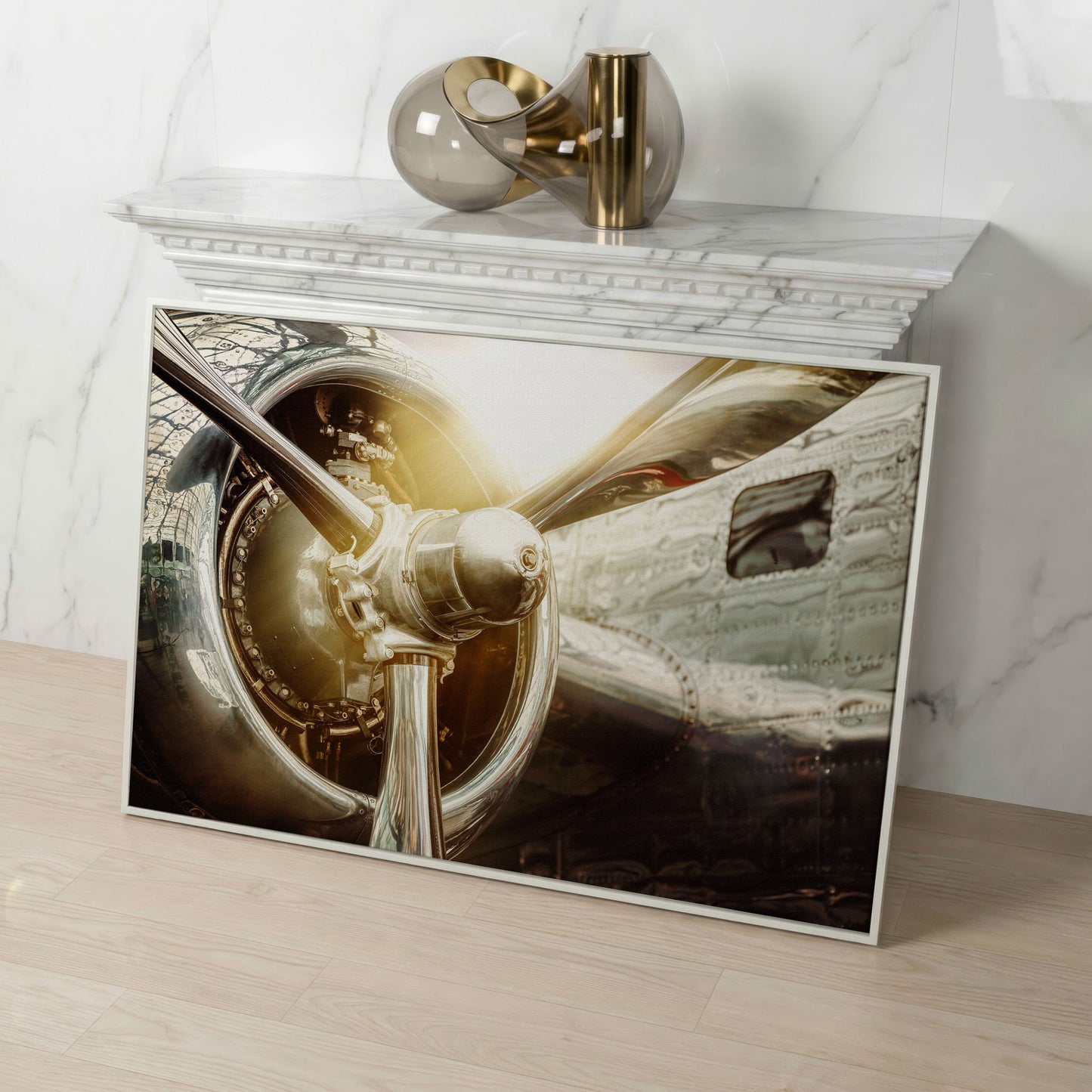 Vintage Airplane Propeller and Engine Detail Canvas Wall Art in white floating frame