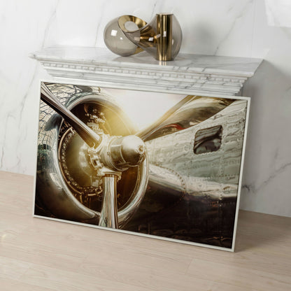 Vintage Airplane Propeller and Engine Detail Canvas Wall Art in white floating frame