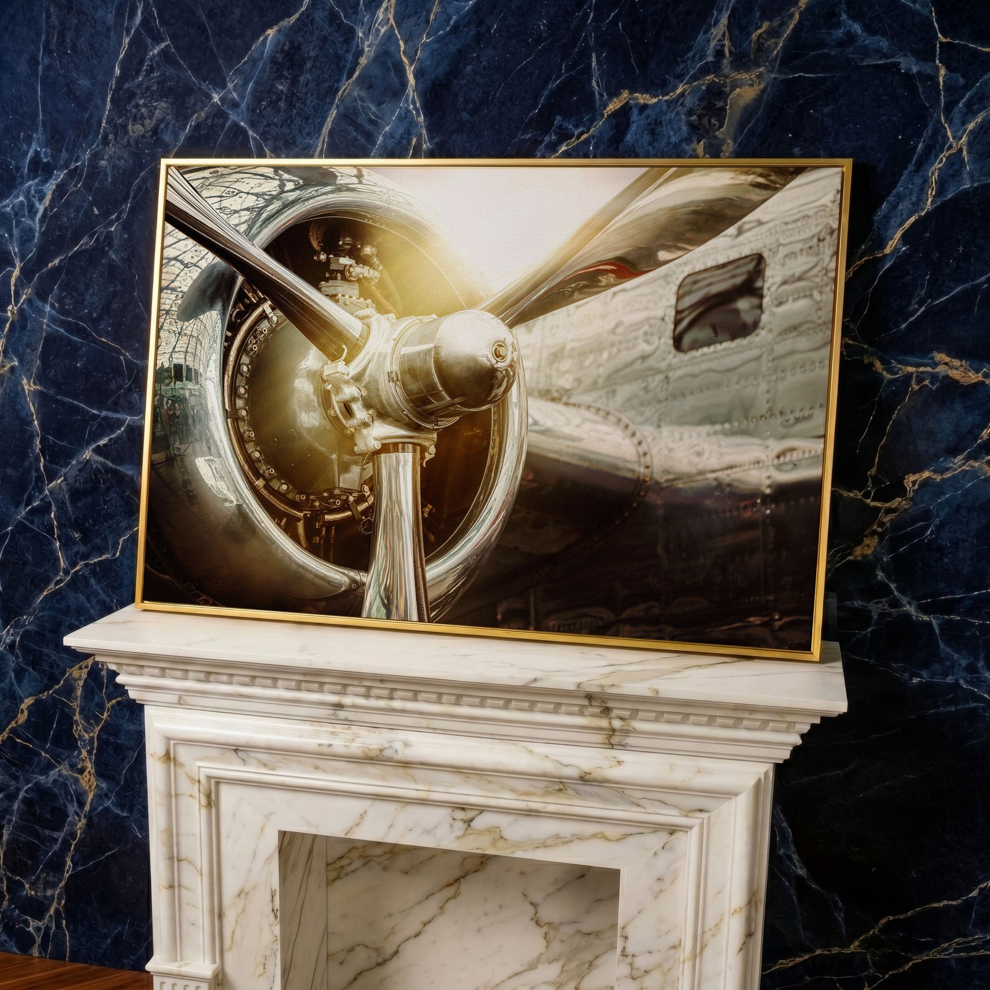 Vintage Airplane Propeller and Engine Detail Canvas Wall Art in yellow gold floating frame