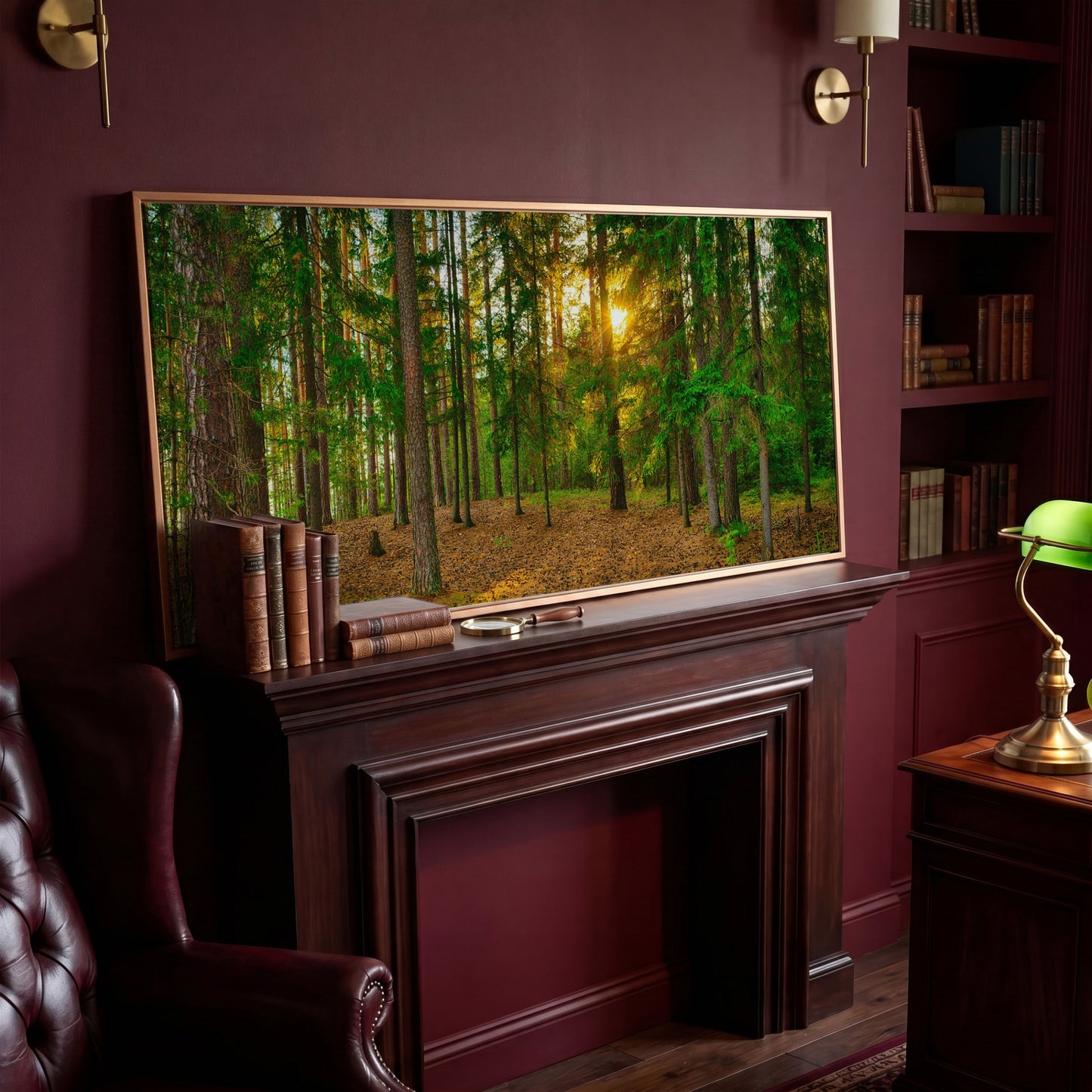 Sunlit Forest Canvas Art, Golden Hour Through the Tree Canopy in antique gold floating frame