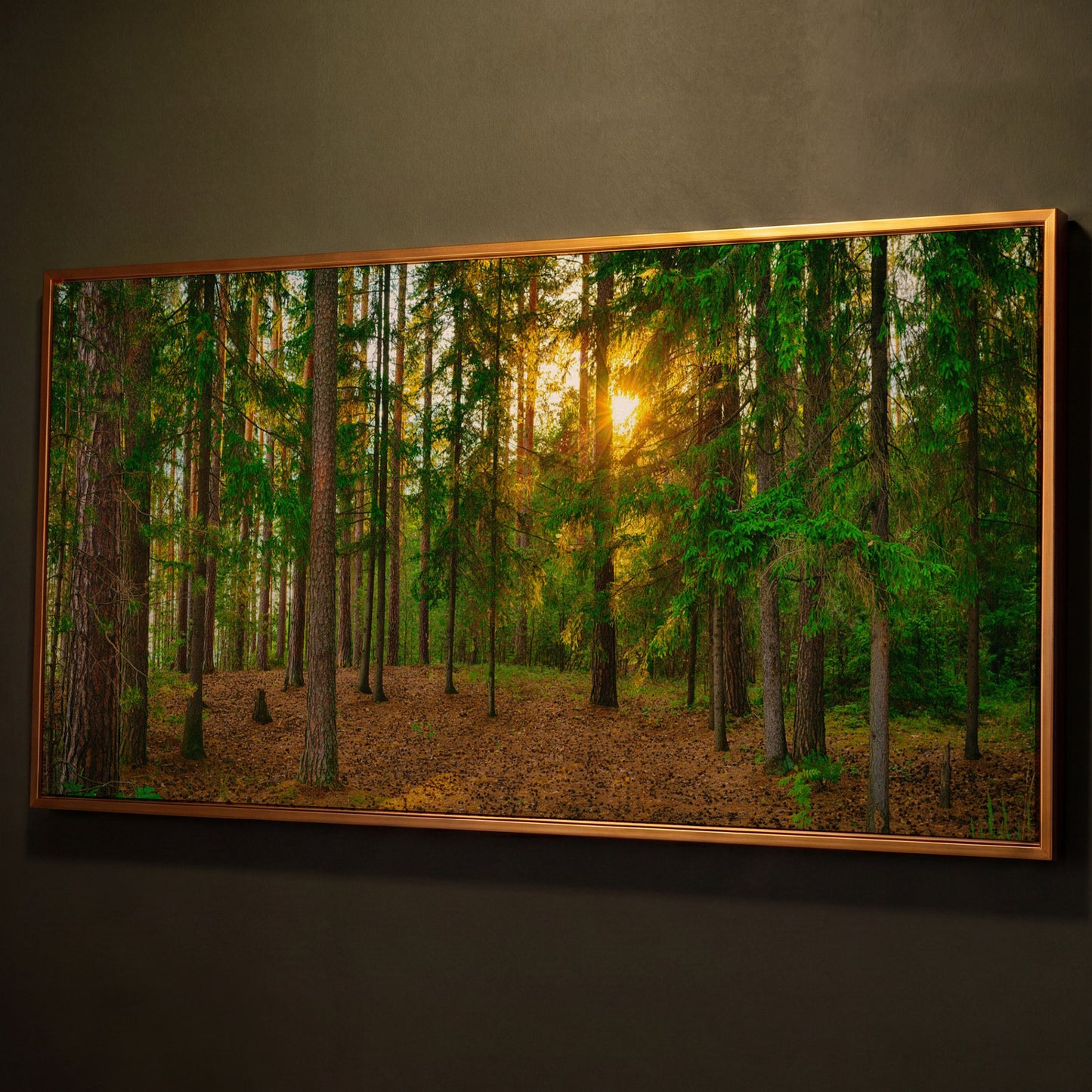 Sunlit Forest Canvas Art, Golden Hour Through the Tree Canopy shown in antique gold floating frame